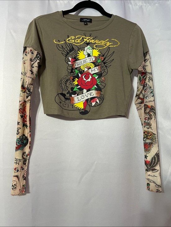 Ed Hardy Tops - Ed Hardy Women’s Cropped Long-Sleeve Top with Tattoo-Print Sleeves Size Medium